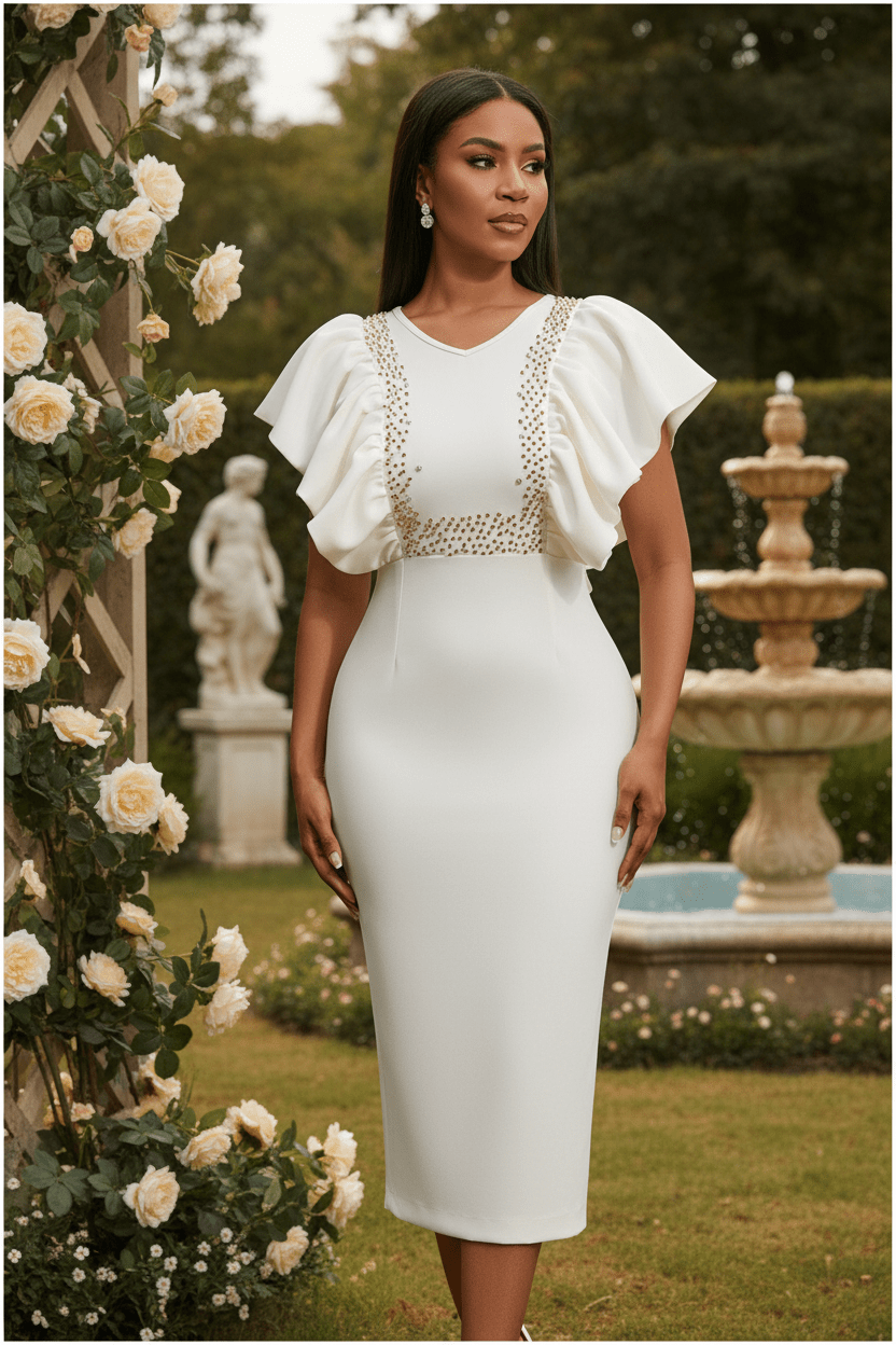 Pearl Embellished Ruffle Sleeve V-Neck Bodycon Midi Dress - Wedding Guest - MSHIGHBEAUTY