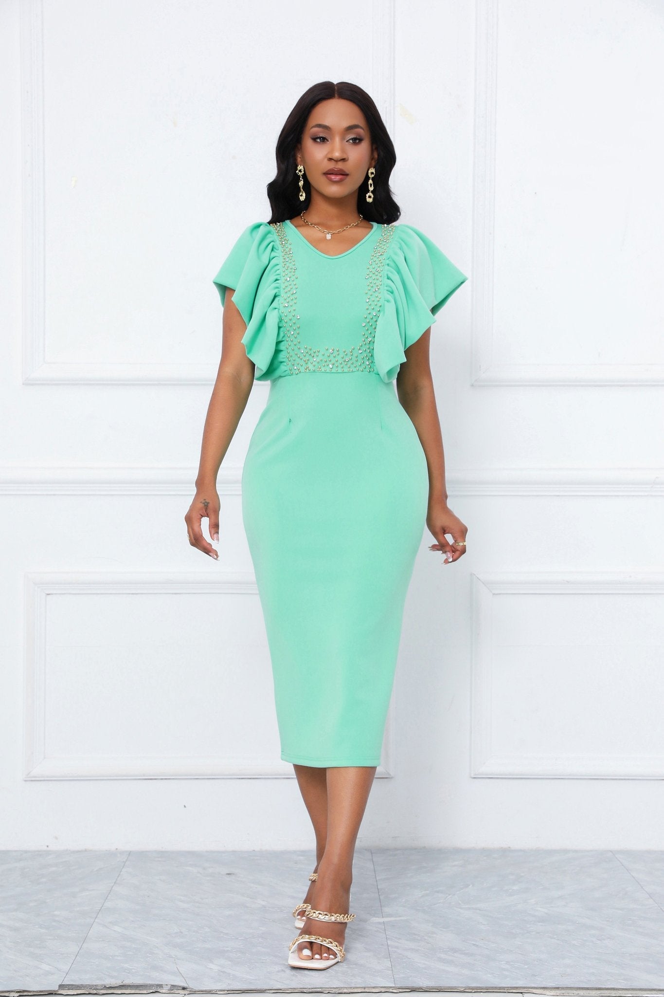 Pearl Embellished Ruffle Sleeve V-Neck Bodycon Midi Dress - Wedding Guest - MSHIGHBEAUTY