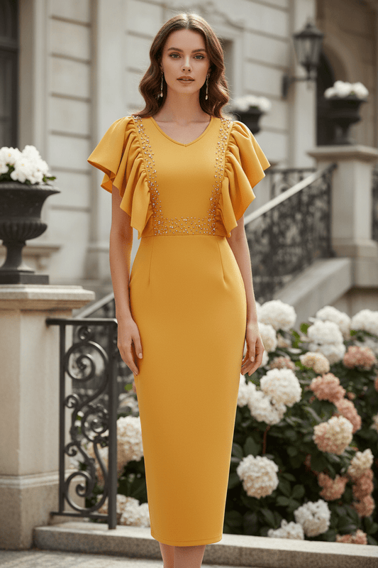 Pearl Embellished Ruffle Sleeve V-Neck Bodycon Midi Dress - Wedding Guest - MSHIGHBEAUTY