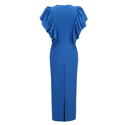 Pearl Embellished Ruffle Sleeve V-Neck Bodycon Midi Dress - Wedding Guest - MSHIGHBEAUTY