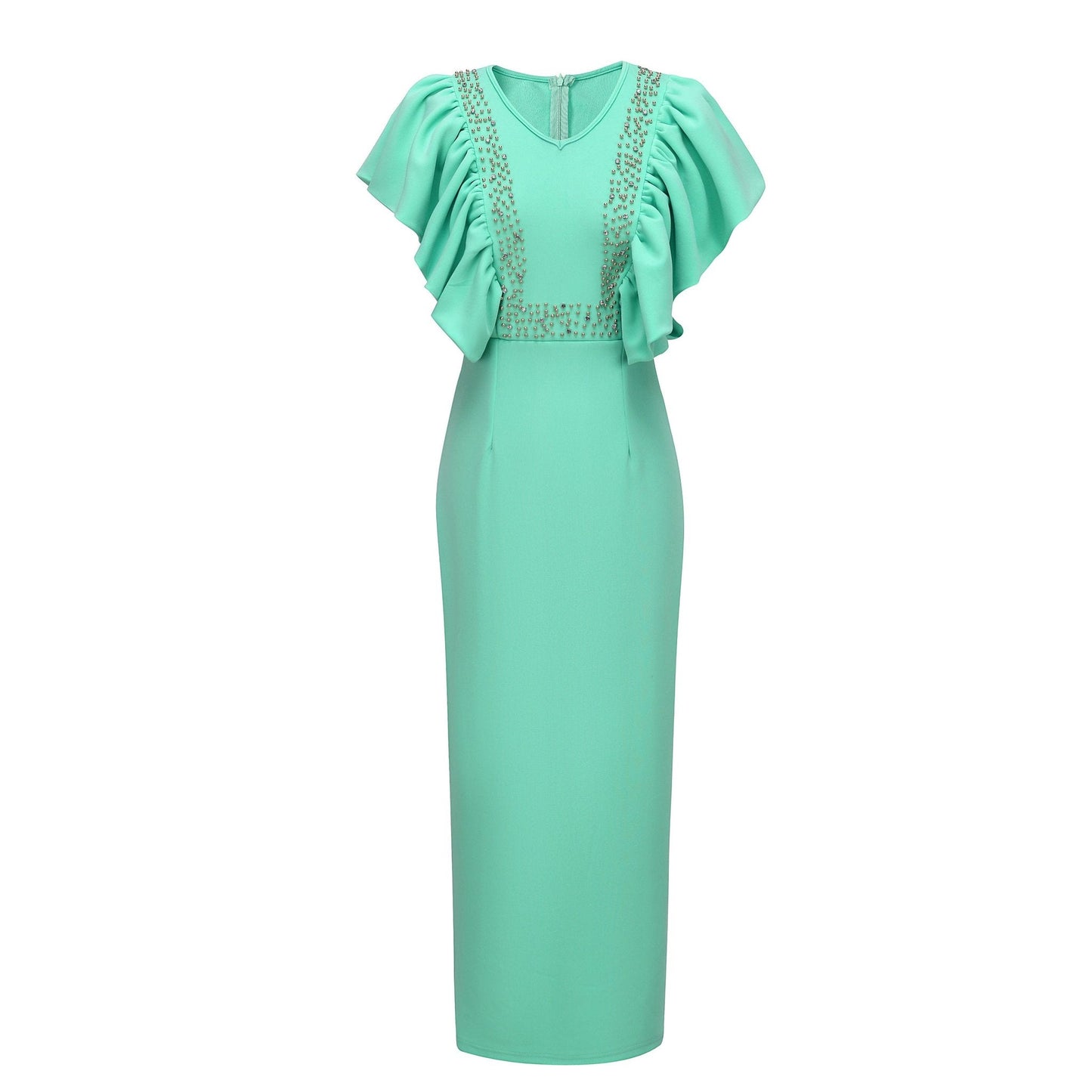 Pearl Embellished Ruffle Sleeve V-Neck Bodycon Midi Dress - Wedding Guest - MSHIGHBEAUTY
