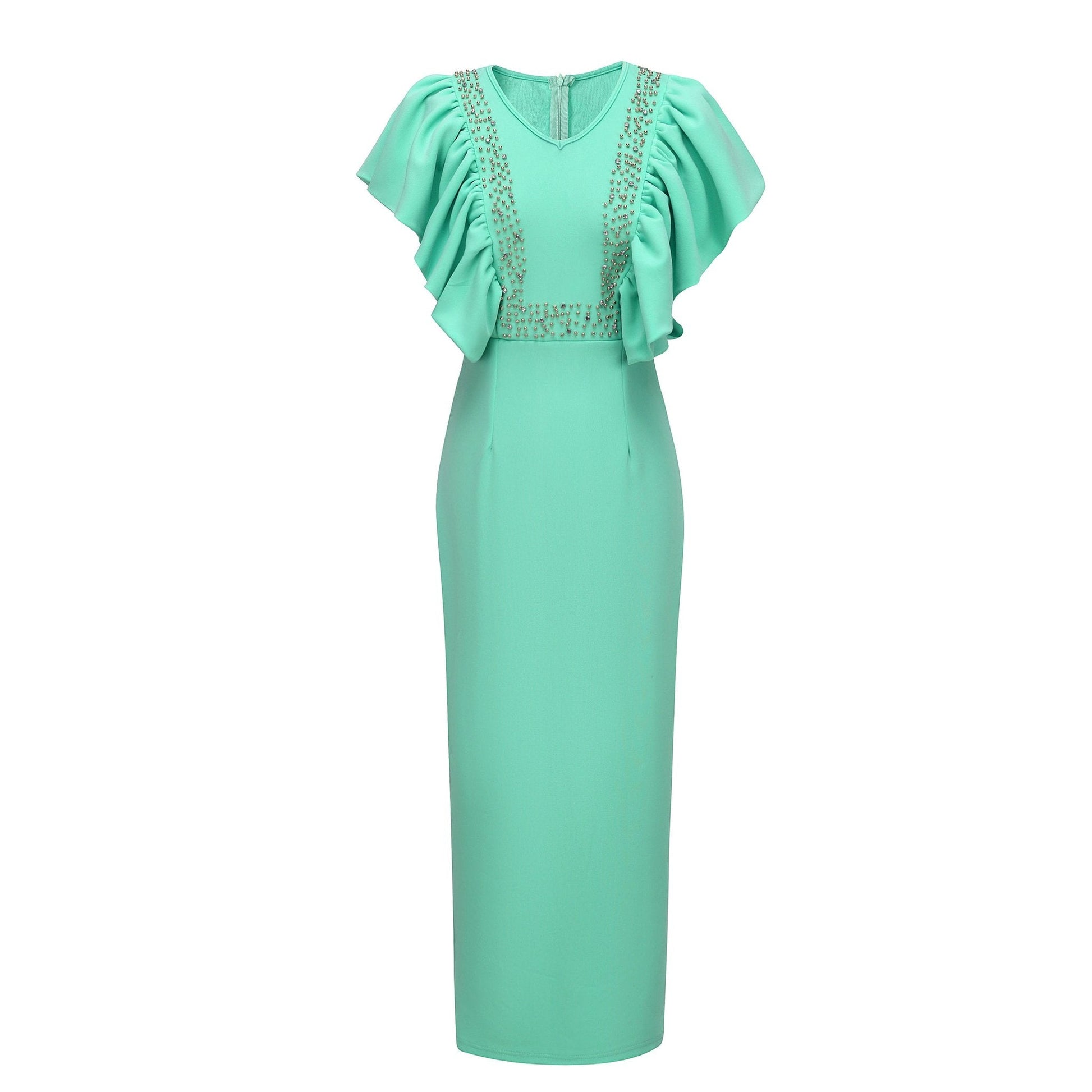 Pearl Embellished Ruffle Sleeve V-Neck Bodycon Midi Dress - Wedding Guest - MSHIGHBEAUTY