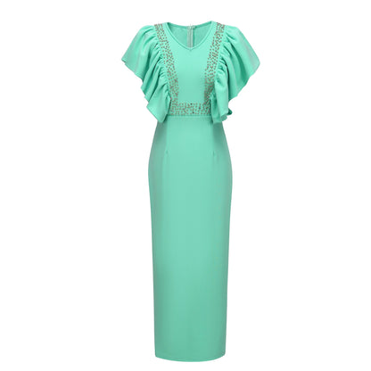 Pearl Embellished Ruffle Sleeve V-Neck Bodycon Midi Dress - Wedding Guest - MSHIGHBEAUTY
