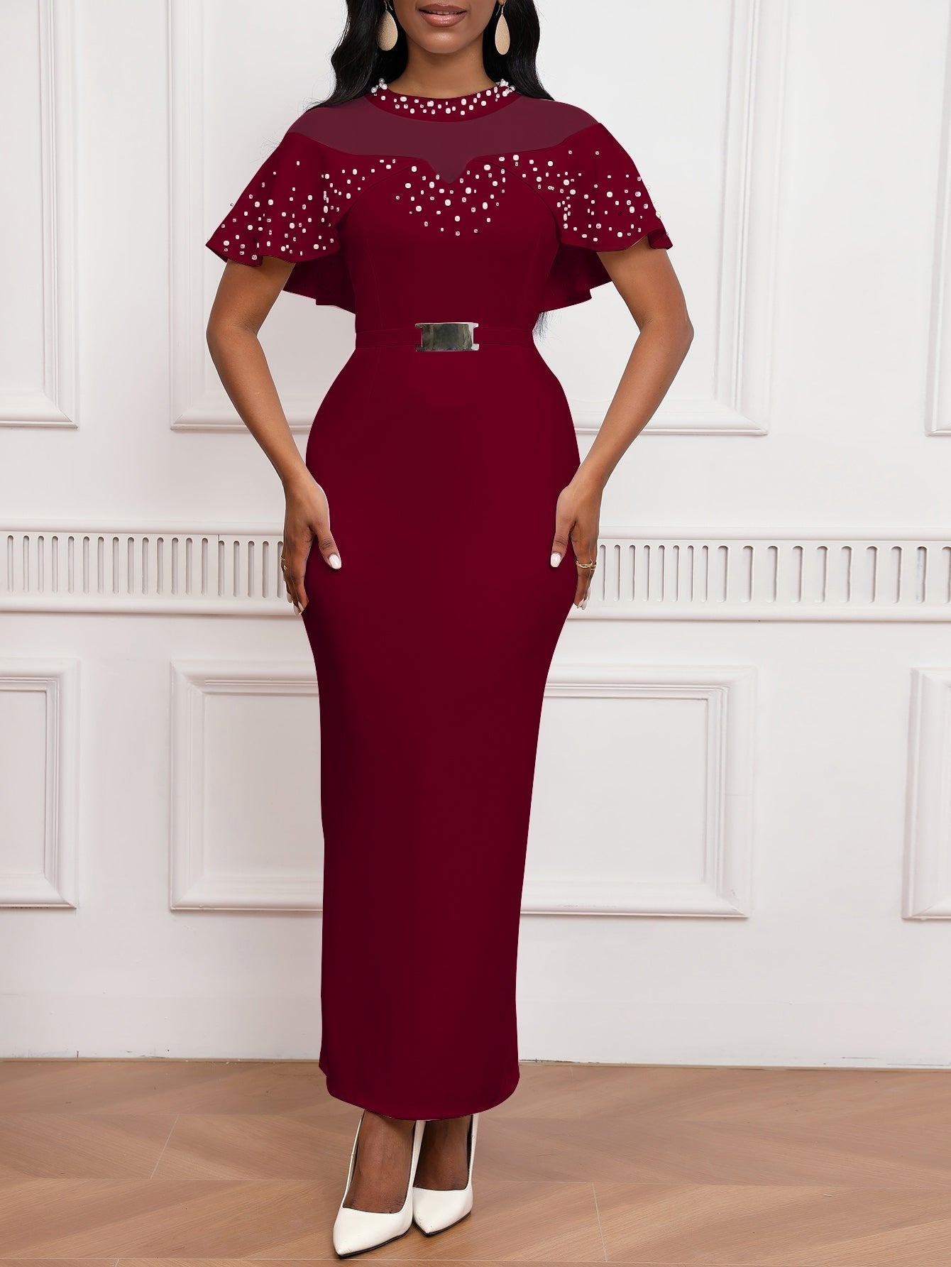 Pearl Rhinestone Ruffle Dress - Mesh Sleeve Wedding Guest Party Dress - MSHIGHBEAUTY