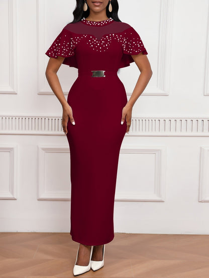 Pearl Rhinestone Ruffle Dress - Mesh Sleeve Wedding Guest Party Dress - MSHIGHBEAUTY