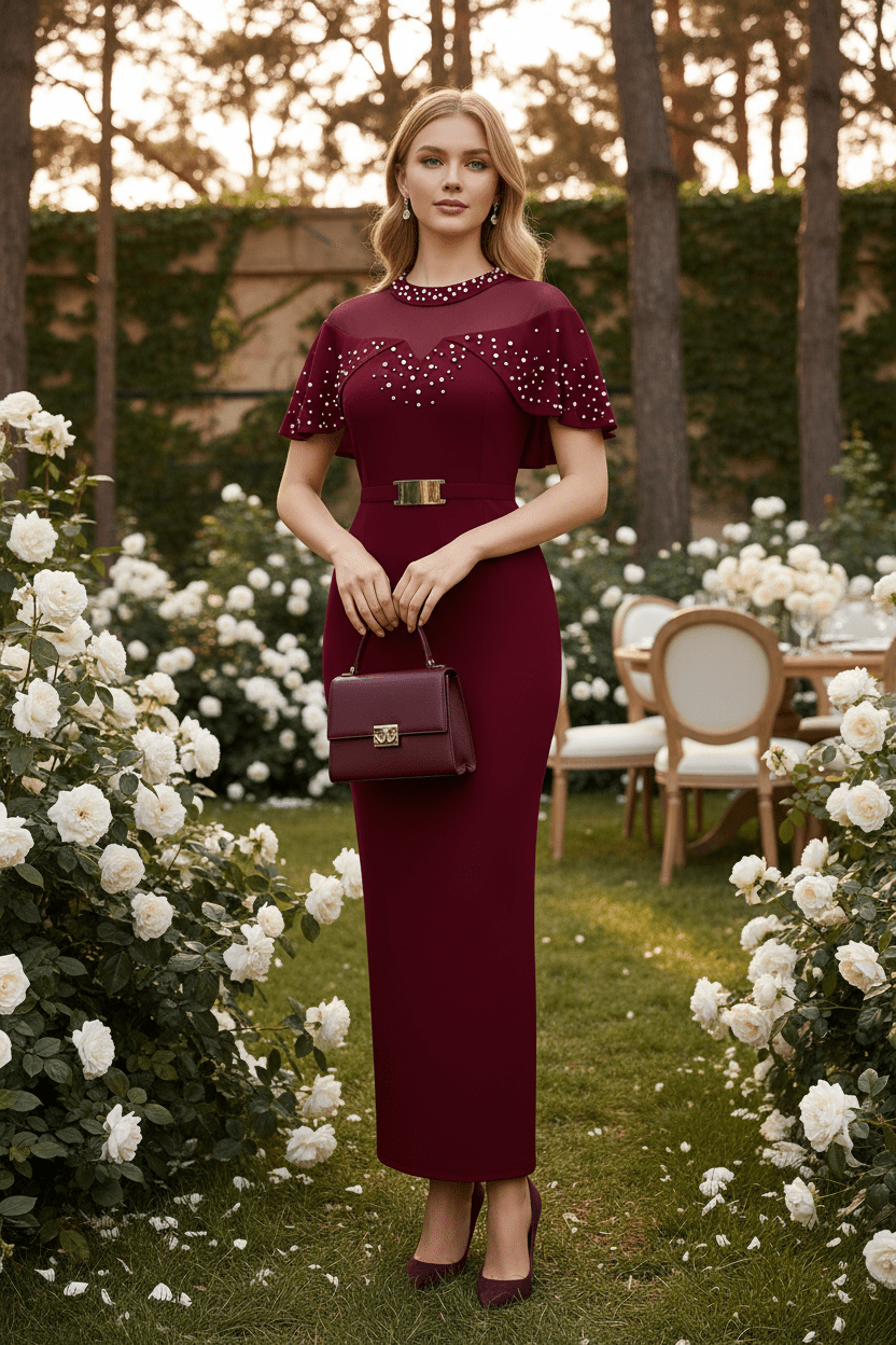 Pearl Rhinestone Ruffle Dress - Mesh Sleeve Wedding Guest Party Dress - MSHIGHBEAUTY
