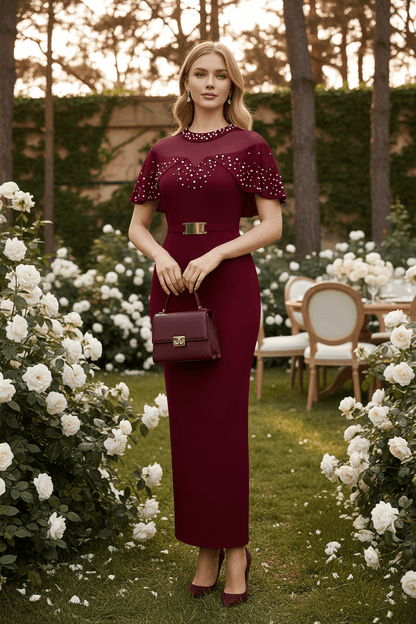 Pearl Rhinestone Ruffle Dress - Mesh Sleeve Wedding Guest Party Dress - MSHIGHBEAUTY