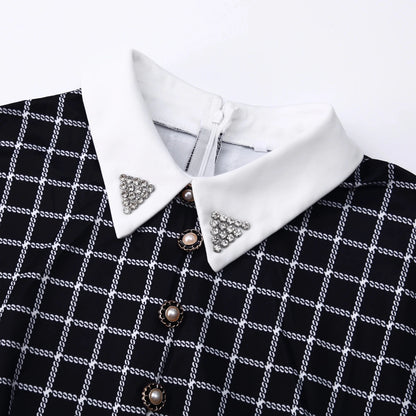 Plaid Shirt Dress with Pearl Buttons - Black Checkered Button Down Midi Dress - MSHIGHBEAUTY