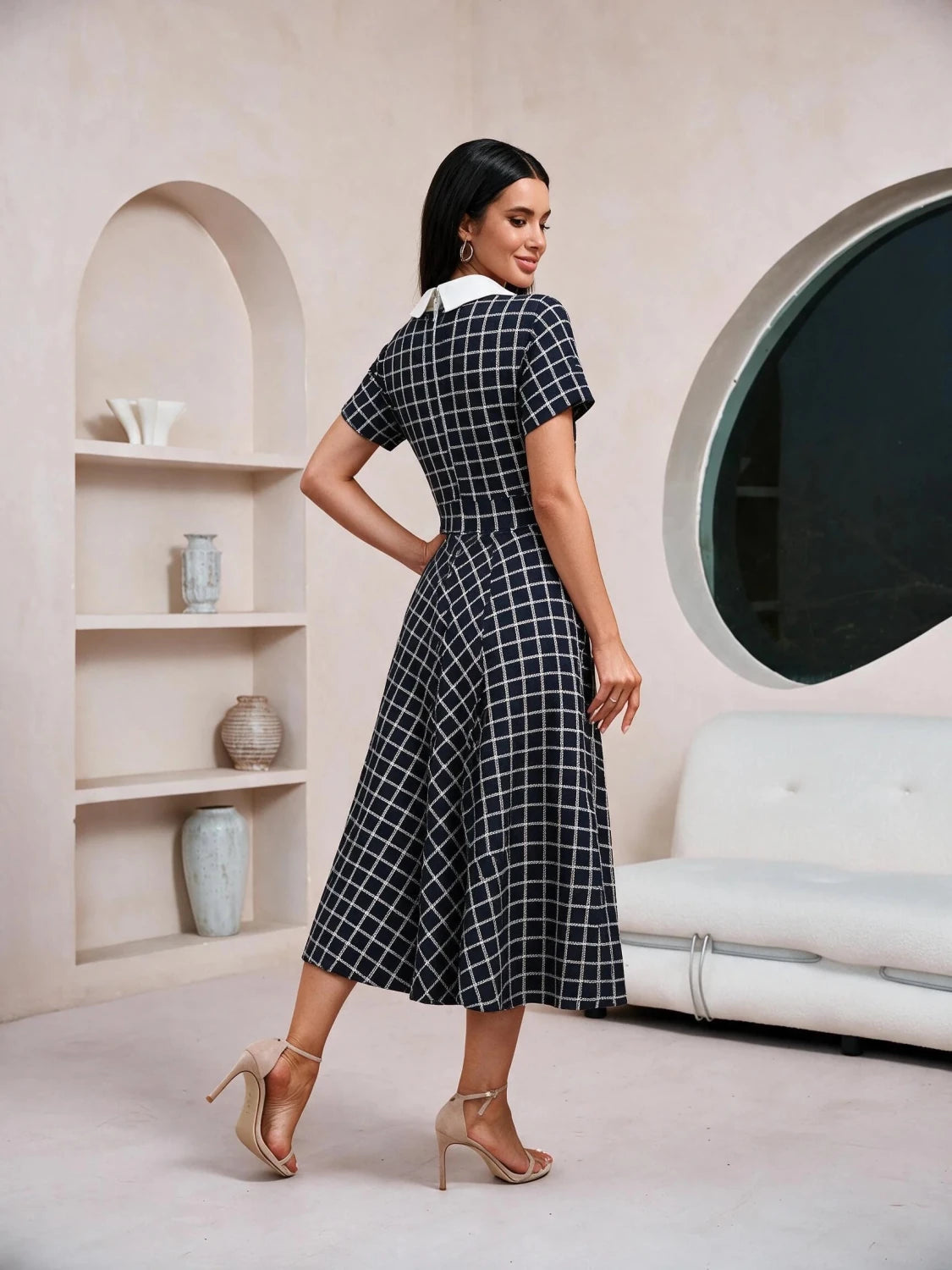 Plaid Shirt Dress with Pearl Buttons - Black Checkered Button Down Midi Dress - MSHIGHBEAUTY