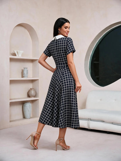 Plaid Shirt Dress with Pearl Buttons - Black Checkered Button Down Midi Dress - MSHIGHBEAUTY