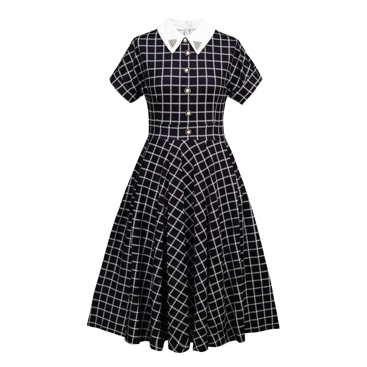 Plaid Shirt Dress with Pearl Buttons - Black Checkered Button Down Midi Dress - MSHIGHBEAUTY