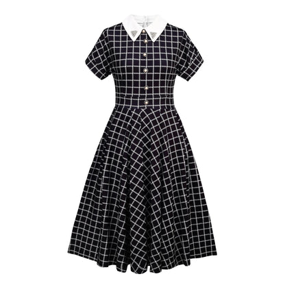 Plaid Shirt Dress with Pearl Buttons - Black Checkered Button Down Midi Dress - MSHIGHBEAUTY