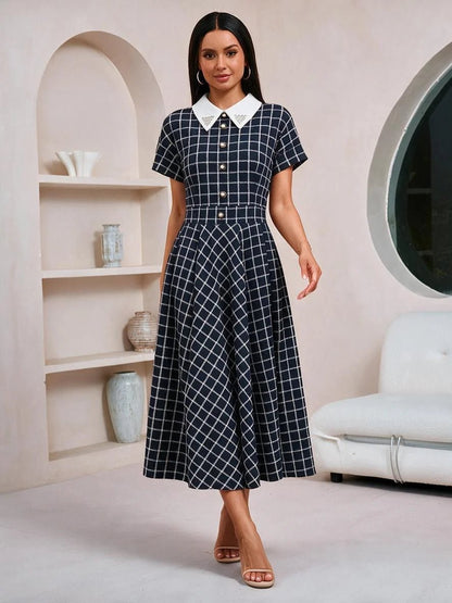 Plaid Shirt Dress with Pearl Buttons - Black Checkered Button Down Midi Dress - MSHIGHBEAUTY