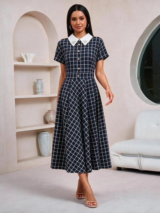 Plaid Shirt Dress with Pearl Buttons - Black Checkered Button Down Midi Dress - MSHIGHBEAUTY
