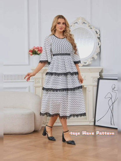 Chevron Tiered Lace Trim Bell Sleeve Midi Dress - Wedding Guest Dress