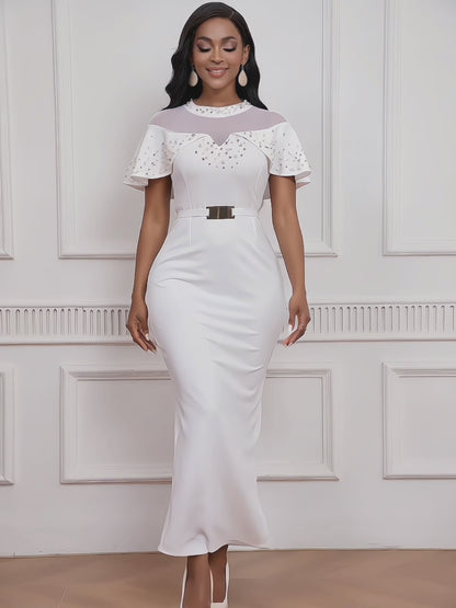 Pearl Rhinestone Ruffle Dress - Mesh Sleeve Wedding Guest Party Dress