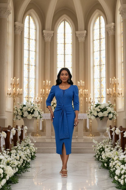 Rhinestone Embellished Puff Sleeve Bow Belt V-Neck Bodycon Midi Dress - MSHIGHBEAUTY