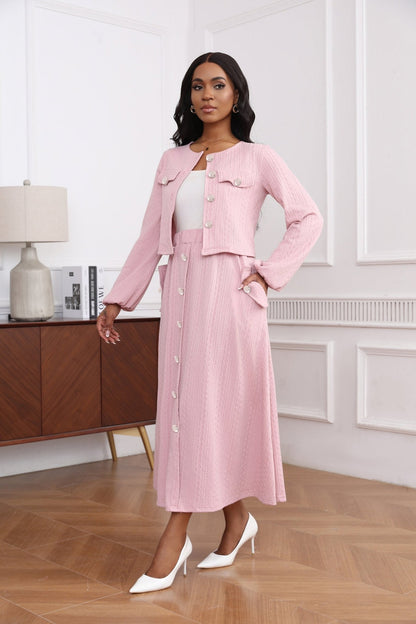 Textured Knit Button Front Long Sleeve Midi Dress - MSHIGHBEAUTY