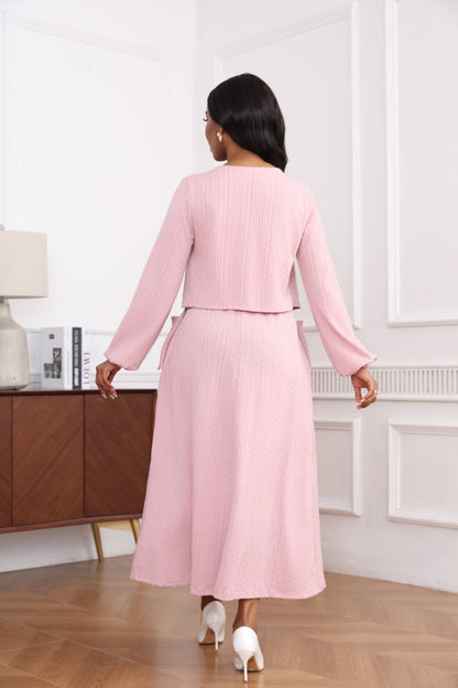 Textured Knit Button Front Long Sleeve Midi Dress - MSHIGHBEAUTY