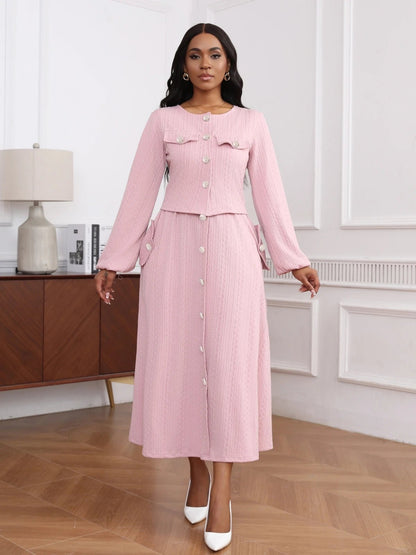 Textured Knit Button Front Long Sleeve Midi Dress - MSHIGHBEAUTY