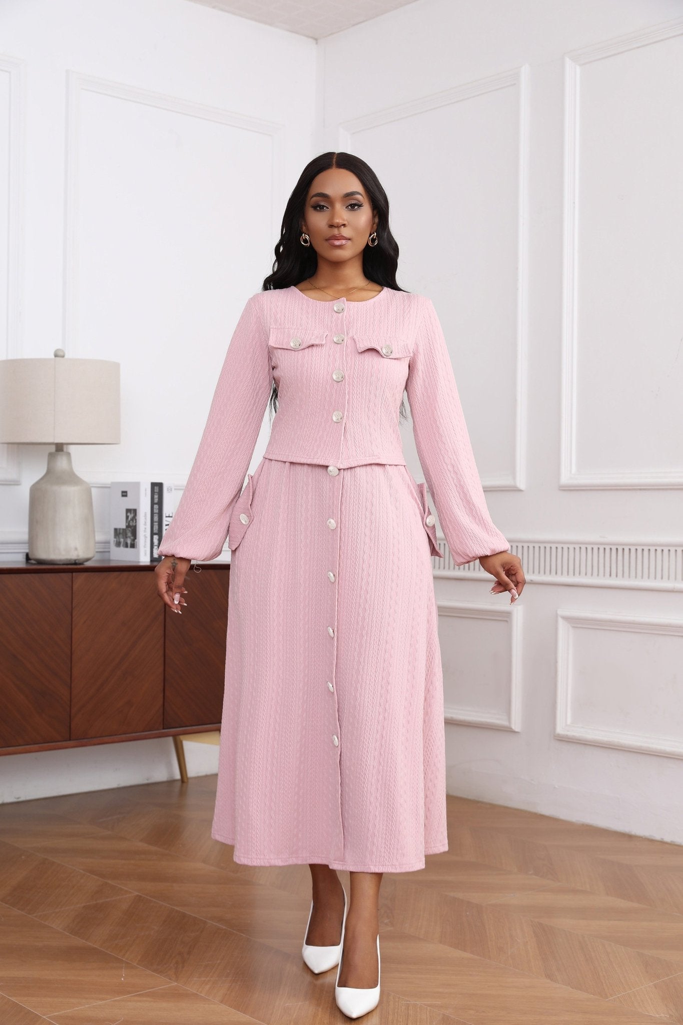 Textured Knit Button Front Long Sleeve Midi Dress - MSHIGHBEAUTY