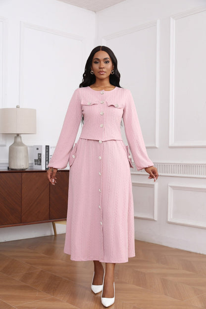 Textured Knit Button Front Long Sleeve Midi Dress - MSHIGHBEAUTY