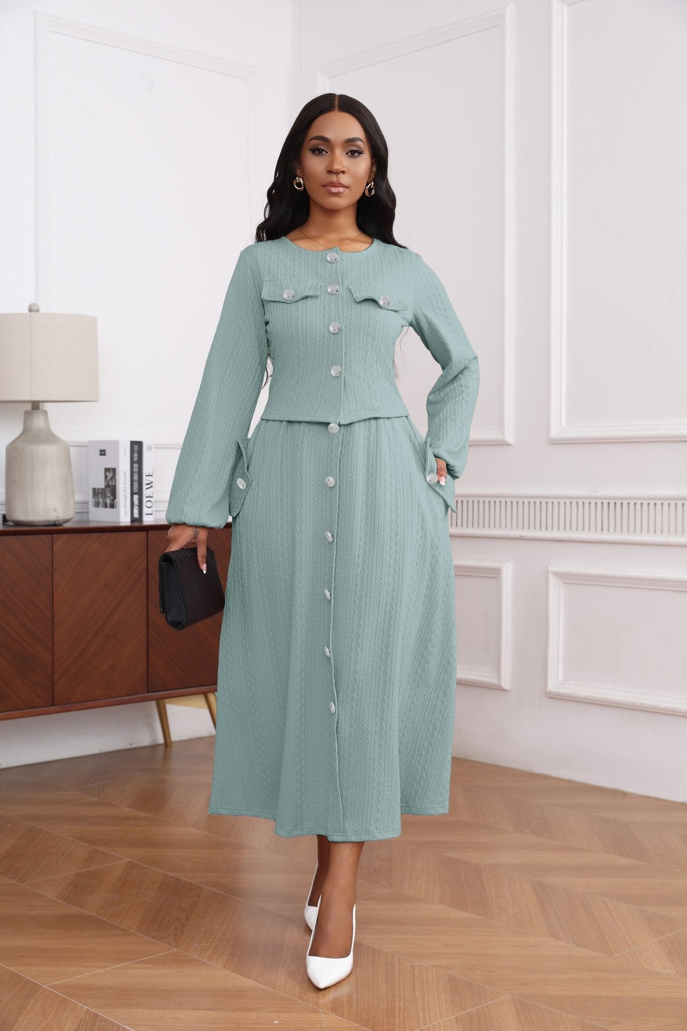 Textured Knit Button Front Long Sleeve Midi Dress - MSHIGHBEAUTY