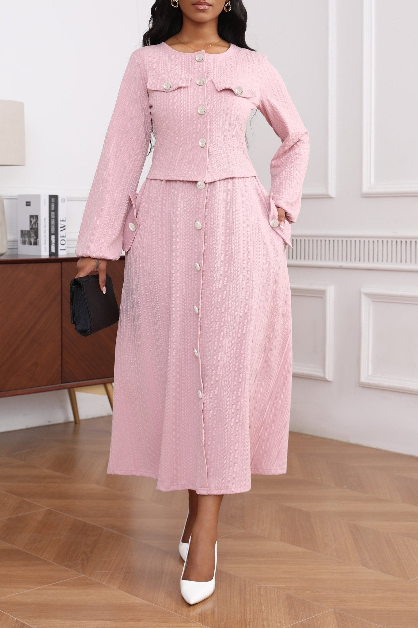 Textured Knit Button Front Long Sleeve Midi Dress - MSHIGHBEAUTY