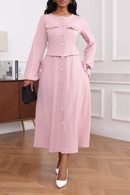 Textured Knit Button Front Long Sleeve Midi Dress - MSHIGHBEAUTY