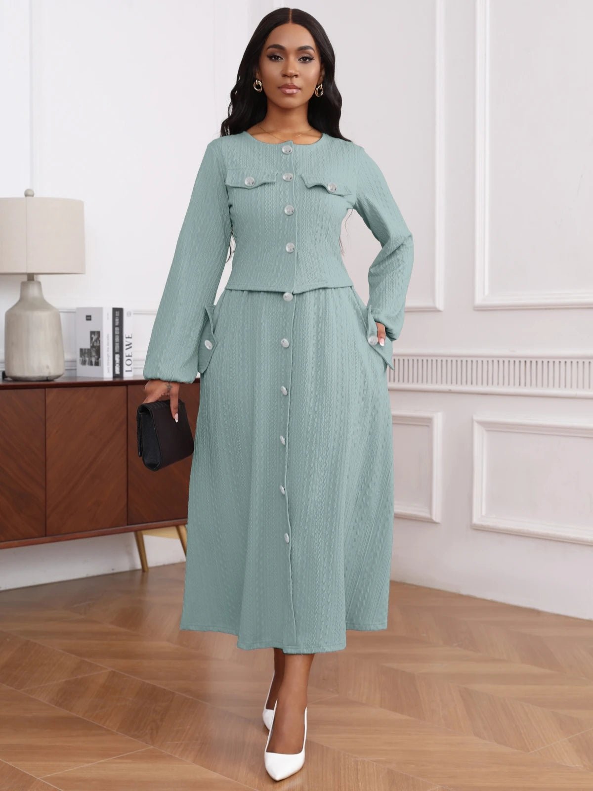 Textured Knit Button Front Long Sleeve Midi Dress - MSHIGHBEAUTY