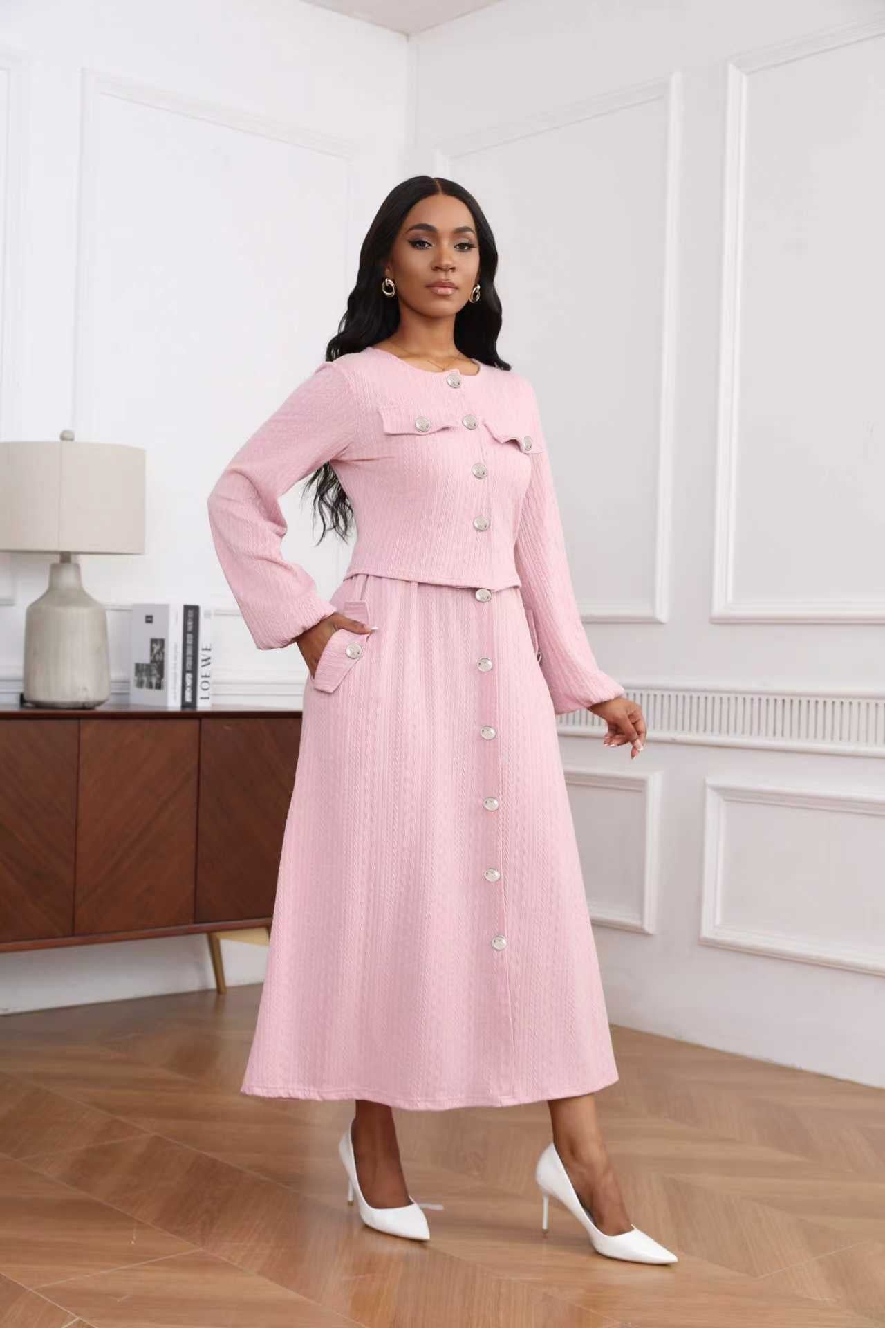 Textured Knit Button Front Long Sleeve Midi Dress - MSHIGHBEAUTY