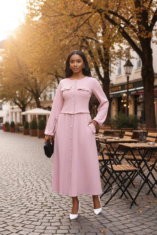 Textured Knit Button Front Long Sleeve Midi Dress - MSHIGHBEAUTY