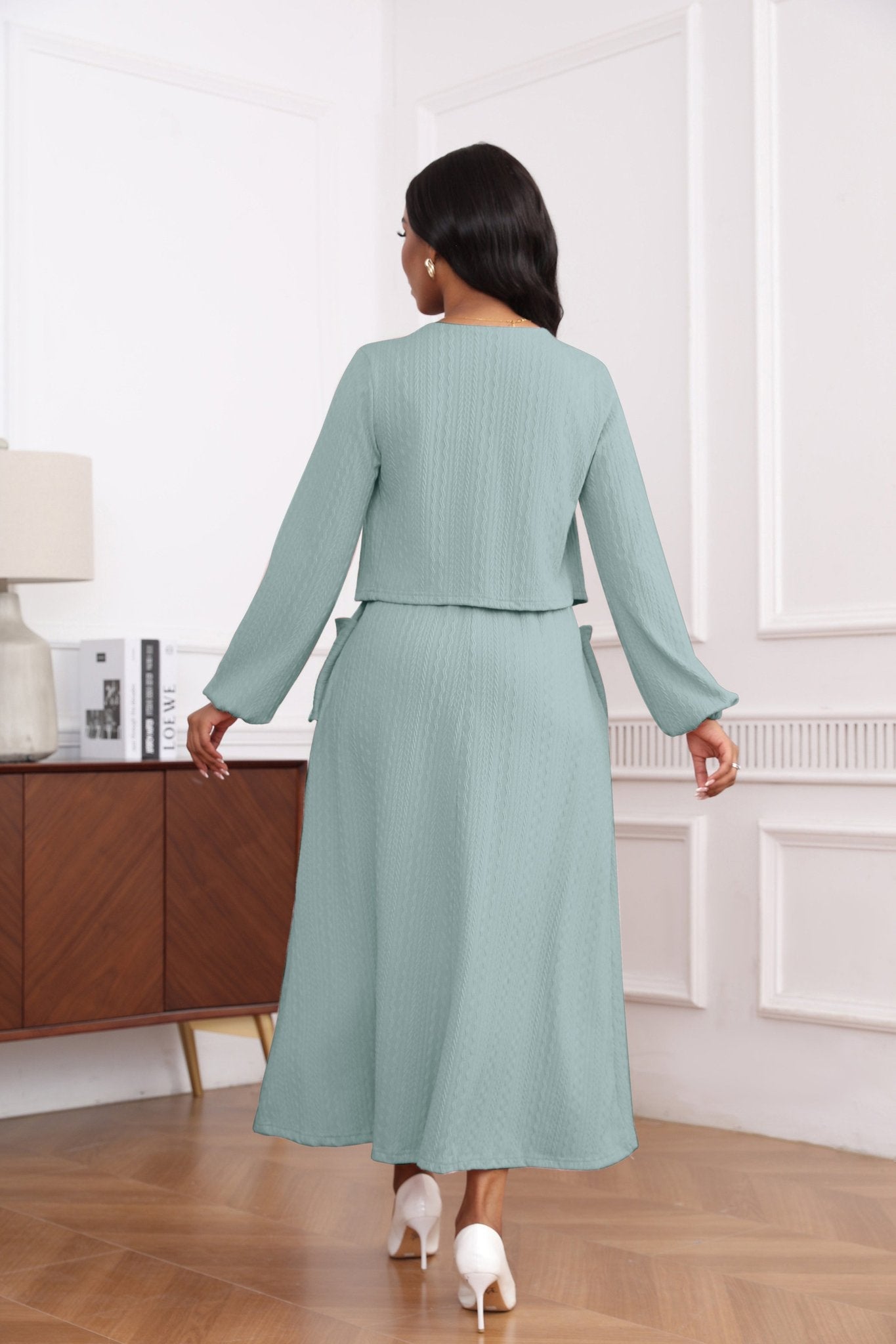 Textured Knit Button Front Long Sleeve Midi Dress - MSHIGHBEAUTY