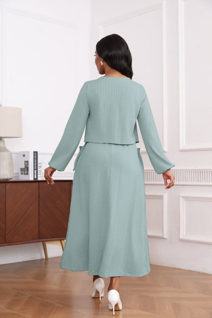 Textured Knit Button Front Long Sleeve Midi Dress - MSHIGHBEAUTY