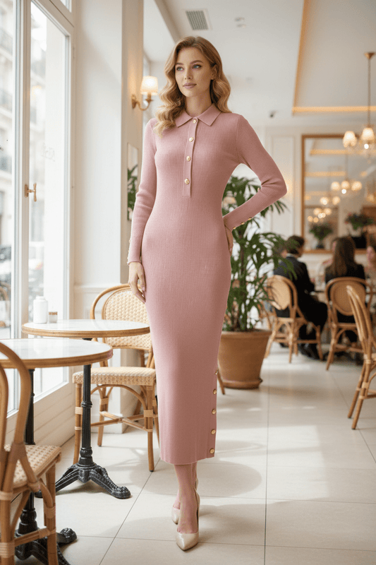 Turn-Down Collar Ribbed Knit Midi Dress with Side Button Detail - MSHIGHBEAUTY
