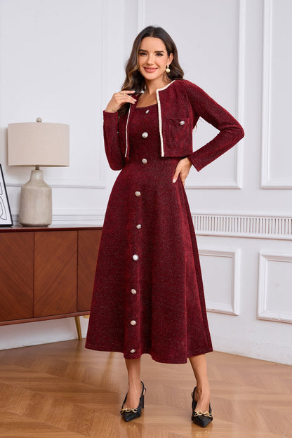 Tweed Jacket and Slip Dress Two-Piece Set - Elegant Occasion Suit - MSHIGHBEAUTY