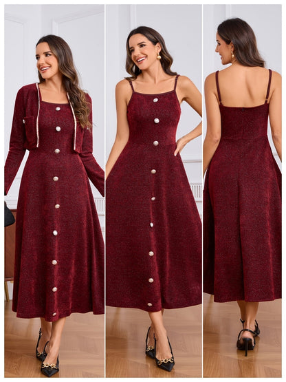 Tweed Jacket and Slip Dress Two-Piece Set - Elegant Occasion Suit - MSHIGHBEAUTY