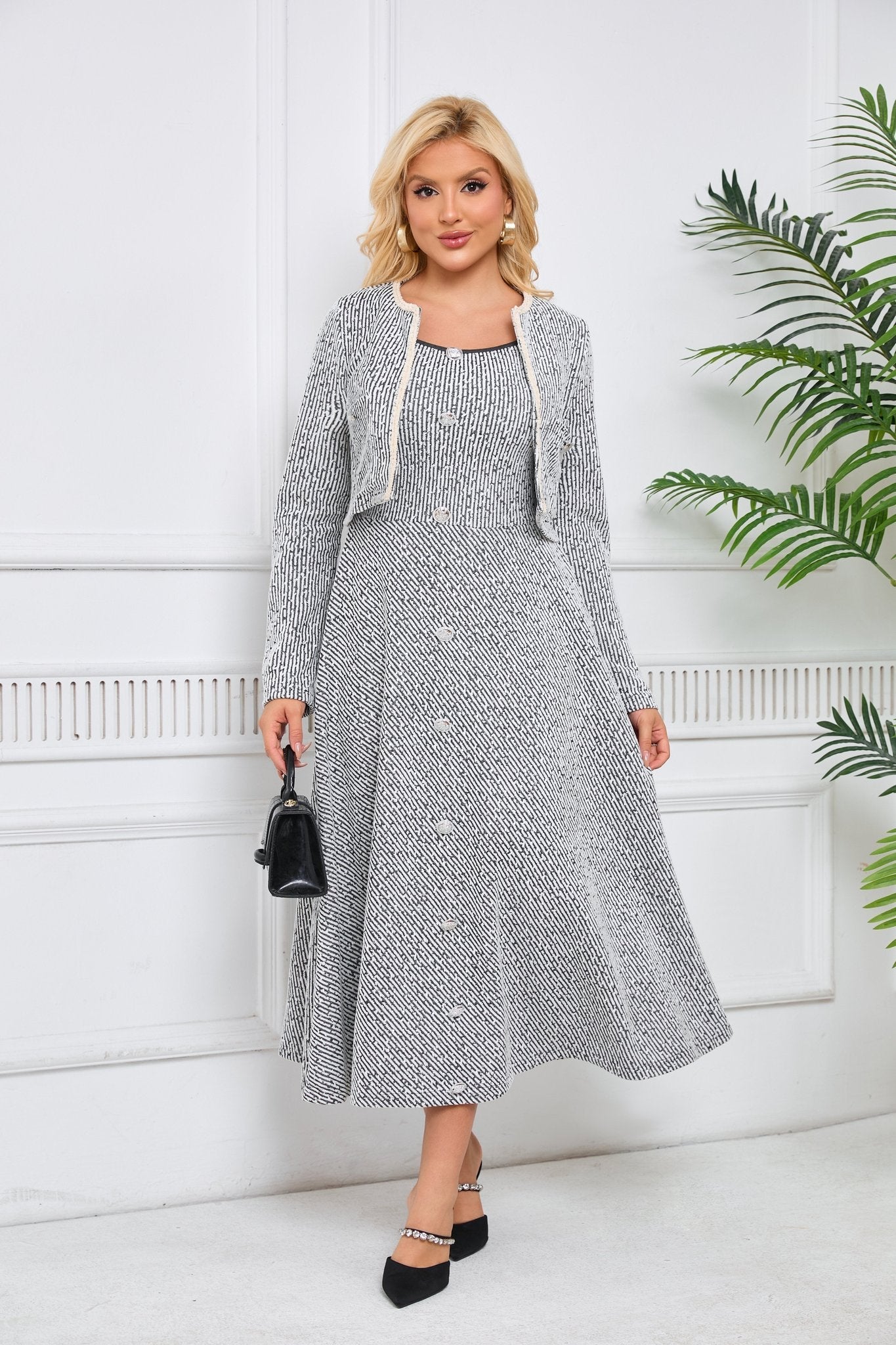 Tweed Jacket and Slip Dress Two-Piece Set - Elegant Occasion Suit - MSHIGHBEAUTY