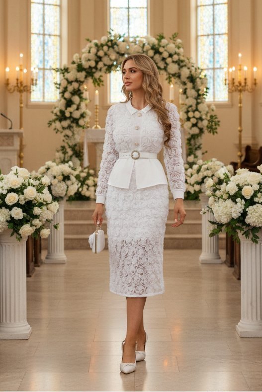 3D Rose Lace Faux Two-Piece Midi Dress with Pearl Button Belt - Wedding Guest - MSHIGHBEAUTY